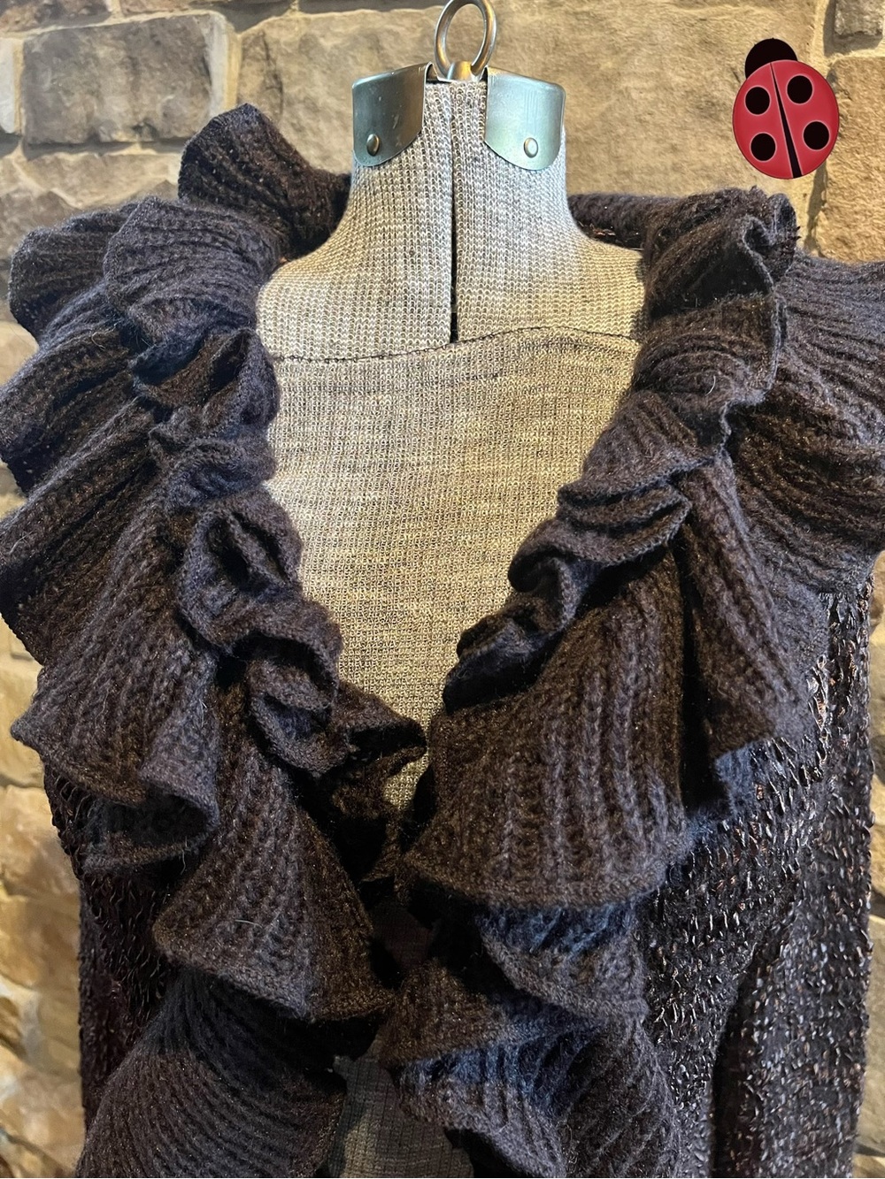 Ruffled Open-Front Women's Sweater Cardigan - chocolate brown and tan. - Picture 2 of 5